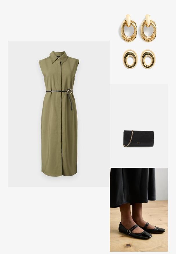 Vestido sin mangas de color verde oliva con cuello, ceñido en la cintura con un cinturón negro que tiene una hebilla metálica redonda y aberturas laterales.; Bailarinas de charol negro con punta cuadrada, que cuentan con dos tiras con hebillas. Las suelas son planas sobre un suelo de madera clara.; Bolso de mano negro hecho de ante con un acabado texturizado, que presenta una cadena dorada y un diseño elegante y angular.; Pendientes de metal en tono dorado con diseños ovalados retorcidos. La pareja superior tiene un bucle texturizado; la pareja inferior es lisa con un corte circular.