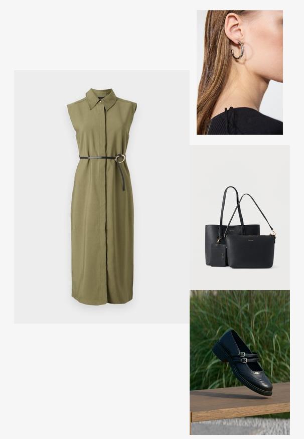 Vestido sin mangas de color verde oliva con cuello, ceñido en la cintura con un cinturón negro que tiene una hebilla metálica redonda y aberturas laterales.; Zapato Mary Jane negro de cuero con dobles correas con hebillas y detalles brogue, flotando sobre un banco de madera con fondo de césped verde.; Conjunto de dos bolsos de cuero sintético negro, uno grande tipo tote y otro más pequeño con cremallera, con detalles de herrajes dorados y logo en relieve.; Pendiente de aro de plata con un acabado pulido, que presenta pequeños detalles en dorado y una forma redonda, llevado en el lóbulo.