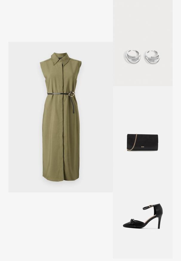 Robe sans manches verte olive avec un col, cintrée à la taille par une ceinture noire avec une boucle en métal ronde et des fentes sur les côtés.; Chaussure noire en cuir à talons hauts avec un bout pointu, une sangle à la cheville et une boucle dorée, mettant en avant un détail de noeud brillant sur le devant.; Porte-monnaie noir en daim avec une finition texturée, doté d'une chaîne dorée et d'un design épuré et angulaire.; Paire de boucles d'oreilles anneaux en argent poli avec un design de barre incurvée superposée sur un fond clair uni.