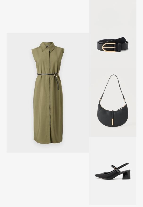 Vestido sin mangas de color verde oliva con cuello, ceñido en la cintura con un cinturón negro que tiene una hebilla metálica redonda y aberturas laterales.; Tacones slingback de charol negro con punta afilada, un diseño de corte redondeado y tacón bloque. Incluye un detalle de hebilla en tono dorado.; Bolso negro en forma de media luna con una sola correa, cremallera dorada y una lengüeta decorativa rectangular dorada en la parte delantera.; Cinturón de cuero negro enrollado con hebilla de metal dorado brillante sobre un fondo claro y liso.