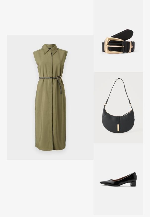 Robe sans manches verte olive avec un col, cintrée à la taille par une ceinture noire avec une boucle en métal ronde et des fentes sur les côtés.; Escarpin à talon bas en cuir verni noir, bout pointu et talon bloc courbé, présenté de profil sur un fond clair uni.; Sac à main noir en forme de croissant avec une bandoulière unique, une fermeture éclair dorée et une languette décorative rectangulaire dorée à l'avant.; Ceinture en cuir noir avec une boucle rectangulaire en or. La ceinture a une texture lisse et un subtil détail de couture le long des bords.