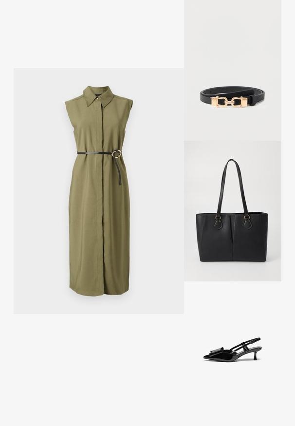 Vestido sin mangas de color verde oliva con cuello, ceñido en la cintura con un cinturón negro que tiene una hebilla metálica redonda y aberturas laterales.; Zapatos de tacón slingback de charol negro con punta afilada, detalle de lazo en el frente y un pequeño tacón de aguja. Las correas tienen hebillas ajustables.; Bolso tote de cuero sintético negro con un acabado texturizado, dos asas largas y detalles en tono dorado en el lateral. Forma rectangular.; Cinturón de cuero negro con tirante delgado y hebilla estilo estribo dorada, tendido sobre un fondo blanco.