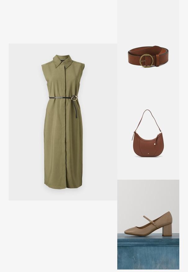 Vestido sin mangas de color verde oliva con cuello, ceñido en la cintura con un cinturón negro que tiene una hebilla metálica redonda y aberturas laterales.; Zapato de salón de cuero beige con tacón ancho, punta redonda y una correa decorativa con una hebilla dorada. Textura suave, diseño minimalista.; Bolso de hombro de imitación cuero marrón con forma curva, costura mínima y un acento de hardware en tono dorado. Presenta un cierre de cremallera en la parte superior y una correa ajustable.; Cinturón de cuero marrón con una hebilla redonda de latón, que presenta una textura suave y costuras en contraste a lo largo de los bordes.