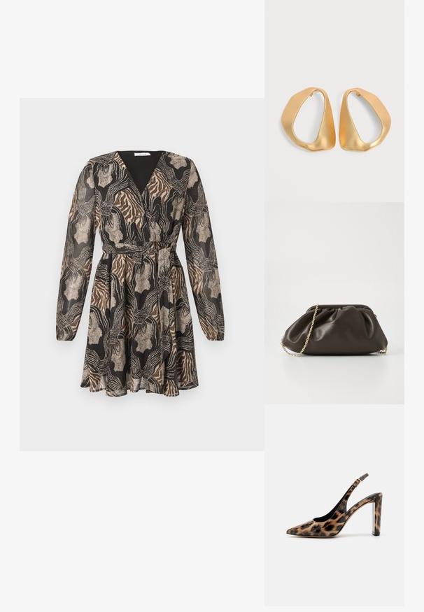 Langærmet omslagskjole med et mix af sorte, brune og gyldne mønstre. Letvægtsstof med indsnævret talje og udvidet nederdel.; Sandalet med leopardprint, spids tå og gennemsigtig blokhæl. Lavet af blankt materiale med en glat overflade.; Brun læderhandtaske med en sammensnøring, guld kædestrop og blød, struktureret overflade. Kompakt form velegnet til aftensbrug.; Par af uregelmæssige, asymmetriske gyldne hoop-øreringe med en glat, mat finish på en neutral baggrund.