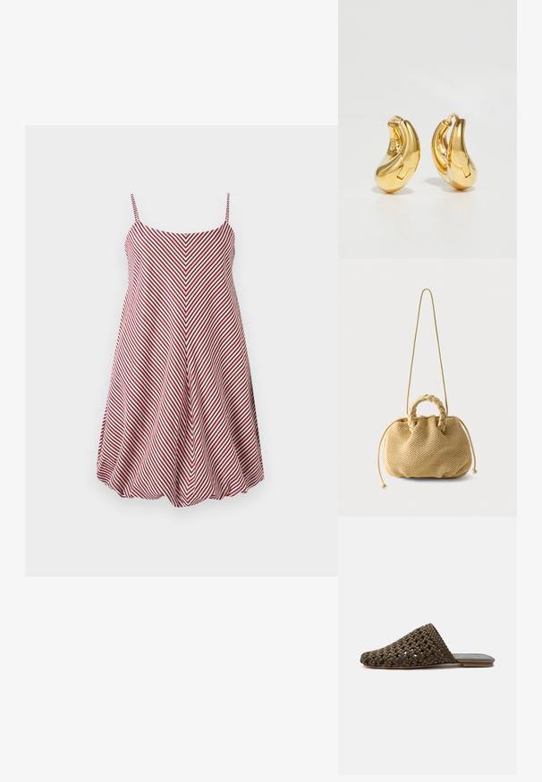 Rot-weiß gestreiftes, ärmelloses Kleid mit tailliertem Oberteil und ausgestelltem Rock, ausgestattet mit einem Chevron-Muster und verstellbaren Spaghettiträgern.; Brauner gewebter Slipper-Mule mit flacher Sohle und geschlossenem, rundem Zehenbereich auf weißem Hintergrund.; Beige gewebte Handtasche mit geflochtenen oberen Griffen, Kordelzugseiten und langem dünnem Schulterriemen auf schlichtem weißem Hintergrund.; Goldene Creolen mit einer glatten, geschwungenen Form und polierter Oberfläche. Mit einem Verschlussmechanismus und leichten Einkerbungen für Details.