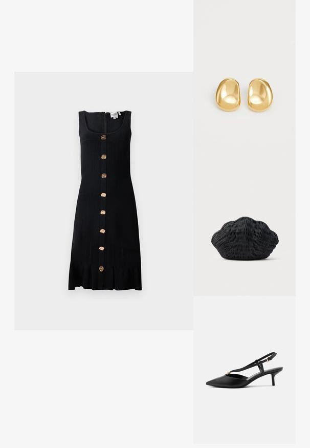 Robe en tricot côtelé noire avec un corsage ajusté, des boutons dorés à l'avant et un ourlet froncé. Comprend une fermeture éclair au dos.; Escarpin slingback en cuir noir à petit talon kitten, bout pointu, fine bride en T, boucle réglable et petite décoration dorée sur la bride.; Sac à main en osier noir en forme de coquille Saint-Jacques avec un dessus courbé et une texture tressée sur un fond uni.; Boucles d'oreilles en forme de clou de couleur or, avec une forme lisse et arrondie et une surface réfléchissante, mettant en avant un design minimaliste sans motifs visibles.