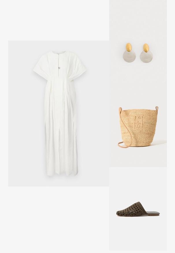 Rodebjer KIMBERLY - Robe longue - white; Mule tissée marron à enfiler avec une semelle plate et un bout fermé arrondi sur fond blanc.; Sac seau en paille tressée avec motif texturé et bandoulière en cuir, présenté debout sur un fond clair uni.; Boucles d'oreilles en métal doré et argenté avec une base en disque rond et une pièce supérieure ovale, texture lisse et finition polie.