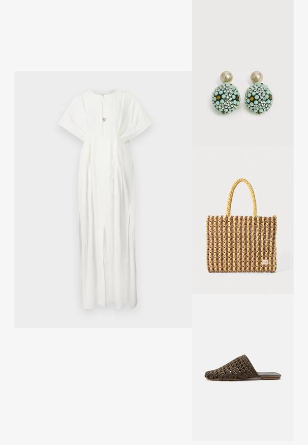 Rodebjer KIMBERLY - Μάξι φόρεμα - white; Καφέ υφαντό mule παπούτσι χωρίς κορδόνια, με επίπεδη σόλα και κλειστή στρογγυλεμένη μύτη σε λευκό φόντο.; Υφασμένο τσάντα σε καφέ και κίτρινο, με ορθογώνιο σχήμα, δύο λαβές και υφή με ορατή ραφή και ετικέτα μάρκας.; Στρογγυλά σκουλαρίκια με μεγάλα μαργαριταρένια πάνω μέρη και σφαιρικές σταγόνες καλυμμένες με τσιπς σε μέντα πράσινο, κεχριμπάρι και διάφανο χρώμα.