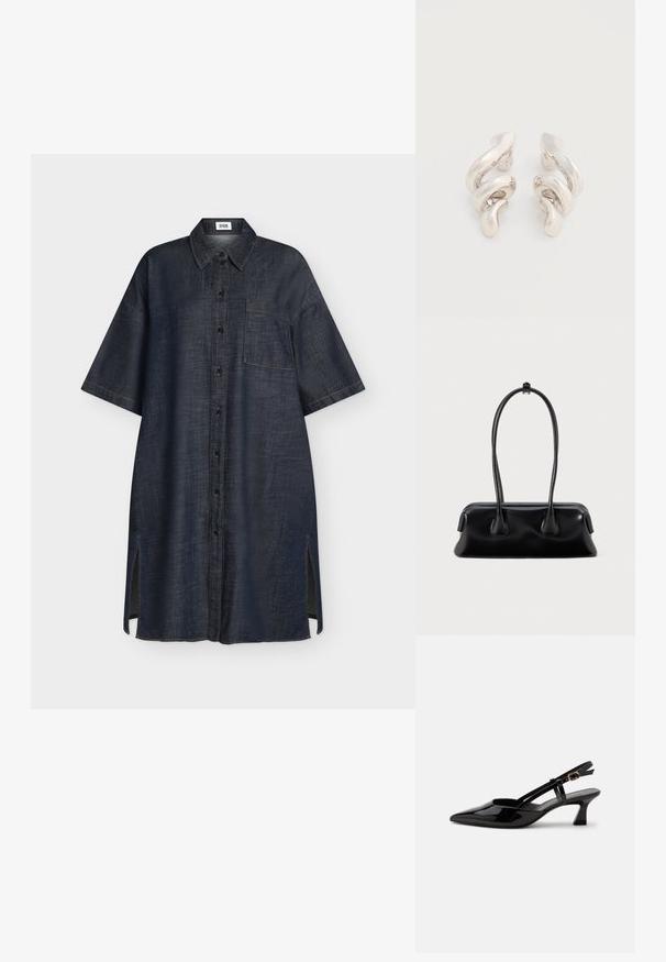 Robe chemise en denim bleu foncé à manches courtes avec boutons sur le devant, poche poitrine, col et fentes latérales.; Chaussure slingback en cuir verni noir à petit talon, bout pointu et bride réglable avec boucle dorée sur fond blanc.; Sac à main en cuir noir avec deux poignées allongées, une texture lisse et une base arrondie, ornée d'accents décoratifs sur les côtés.; Boucles d'oreilles clips en métal argenté torsadé avec une finition lisse et brillante, présentant un design moderne et abstrait en spirale.