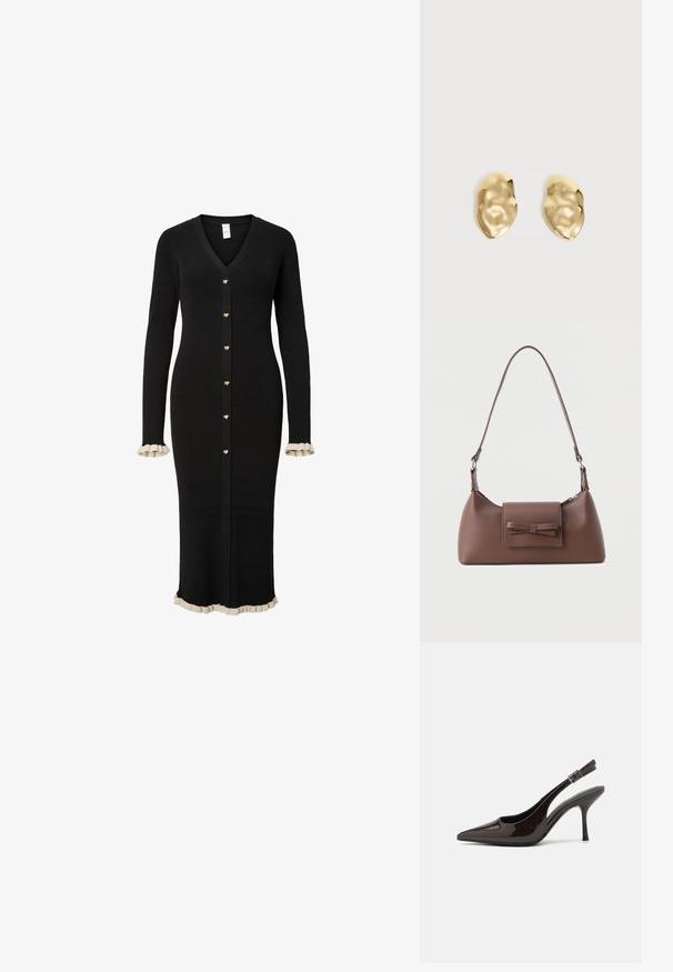 Langer schwarzer, gerippter Cardigan mit V-Ausschnitt, goldenen herzförmigen Knöpfen und cremefarbenen Rüschenakzenten an Bündchen und Saum.; Slingback-Pumps aus glänzendem dunklen braunen Lackleder, mit spitzer Zehenpartie, offenen Seiten und verstellbarem Knöchelriemen.; Braune Leder-Umhängetasche mit einer vorderen Klappentasche, die ein gestepptes Schleifendetail und einen verstellbaren Riemen aufweist.; Paar glänzende, unregelmäßig geformte Ohrstecker aus Goldmetall mit zerknitterter, glatter Oberfläche auf schlichtem hellem Hintergrund.