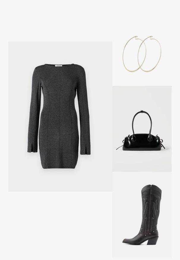 Vestido de punto negro de manga larga, con aberturas laterales, un escote redondo y detalles de costura para una silueta ajustada.; Botas de cowboy de cuero marrón con costuras en forma de llama, cremallera lateral, tachuelas plateadas, punta puntiaguda y tacón apilado.; Pequeño bolso negro brillante con dos asas largas y detalles de cordón lateral sobre un fondo claro liso.; Pilgrim Pendientes - gold-coloured