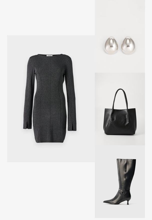 Vestido de punto negro de manga larga, con aberturas laterales, un escote redondo y detalles de costura para una silueta ajustada.; Bota negra de cuero hasta la rodilla, con punta afilada y tacón bajo tipo kitten, mostrada sobre un fondo claro y sencillo.; Bolso tote de cuero trenzado negro con dos asas, forma estructurada y un sutil acabado brillante sobre un fondo claro.; Pendientes de oreja metálicos plateados con un diseño suave y redondeado que recuerda a la forma de una gota, con una superficie reflectante y un acabado sin costuras.