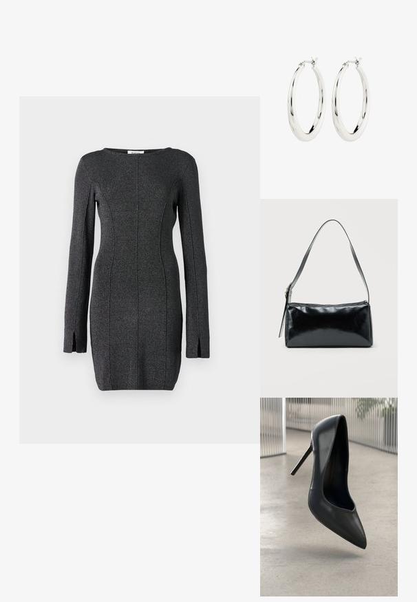 Vestido de punto negro de manga larga, con aberturas laterales, un escote redondo y detalles de costura para una silueta ajustada.; Zapato de tacón alto de cuero negro con punta afilada, diseño elegante y sin herrajes visibles. Textura suave y estilo minimalista.; Bolso de hombro rectangular negro con una correa ajustable y un cierre de cremallera superior sobre un fondo liso.; Pendientes de aro de plata con un acabado suave y brillante. Forma circular, con un cierre seguro. Diseño sencillo y elegante.