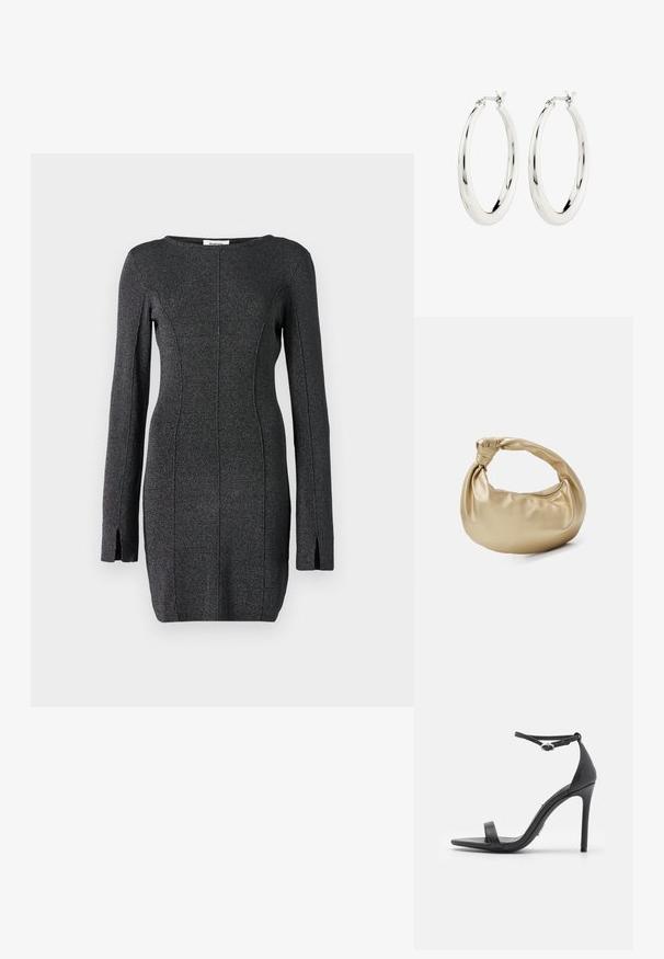 Vestido de punto negro de manga larga, con aberturas laterales, un escote redondo y detalles de costura para una silueta ajustada.; Sandalias de tacón alto negras con punta abierta, tiras delgadas y hebilla en el tobillo. Textura de cuero suave con un diseño de punta afilada.; Bolso de metal dorado con una textura suave y brillante. Presenta un asa anudada y una forma redondeada y suave. Cierre de cremallera en la parte superior.; Pendientes de aro de plata con un acabado suave y brillante. Forma circular, con un cierre seguro. Diseño sencillo y elegante.