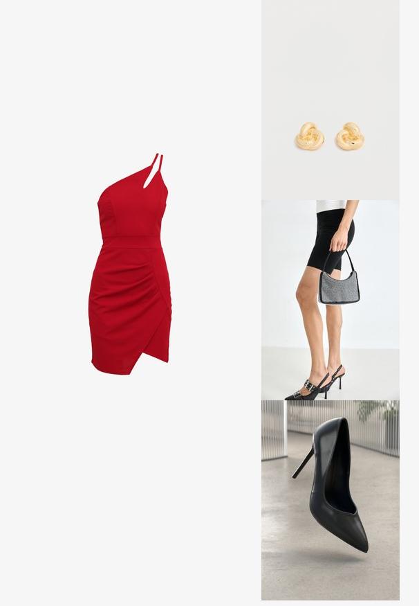 Rode een-schouder jurk van rekbare stof, met een aansluitende buste, geplooide details en een asymmetrische zoom.; Zwarte leren hoge hak pump met spitse neus, slank ontwerp en geen zichtbare hardware. Gladde textuur en minimalistische stijl.; Zwarte beaded handtas met een gebogen silhouet, draaghandvat en glanzende textuur. Draagt bij hoge zwarte hakken en strakke zwarte shorts.; Een paar glanzende oorstekers in goudkleur, gevormd als knopen, tegen een effen witte achtergrond.