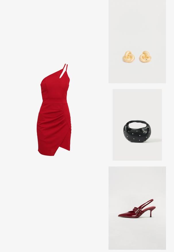 Rød one-shoulder kjole lavet af strækstof, der har en tætsiddende bodice, rynkede detaljer og en asymmetrisk kant.; Røde patenteret læder slingback hæle med spids tå, to spændebånd og en slank, mellemhøj stiletto hæl. Glat tekstur.; Sort læderhåndtaske med en rundet form, dekoreret med sølvnitter, og et kort håndtag. Glat tekstur og lynlåslukning.; Par af skinnende ørestikker i guldfarvet knudeform på en ensfarvet hvid baggrund.
