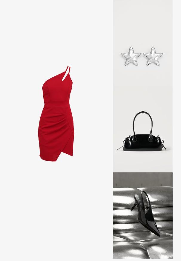 Rød one-shoulder kjole lavet af strækstof, der har en tætsiddende bodice, rynkede detaljer og en asymmetrisk kant.; Sort laklæder slingback stilet sko placeret på en skinnende metallisk sølv læder pude baggrund.; Lille sort blank håndtaske med to lange håndtag og snøre-detaljer i siden på en ensfarvet lys baggrund.; Sølvstjernede øreringe med en poleret, blank overflade. Hver ørering har fem spidser og subtile teksturdetaljer på overfladen.