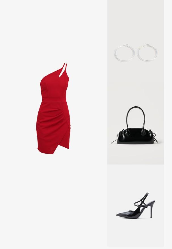 Rode een-schouder jurk van rekbare stof, met een aansluitende buste, geplooide details en een asymmetrische zoom.; Zwart lakleren pumps met spitse neus, hoge naaldhakken en twee smalle verstelbare enkelbandjes, zijaanzicht.; Kleine zwarte glanzende handtas met twee lange hengsels en zijkant trekkoord details op een effen lichte achtergrond.; Een paar glanzende zilveren oorringen met dunne draadafsluitingen, getoond op een lichtgrijze achtergrond.