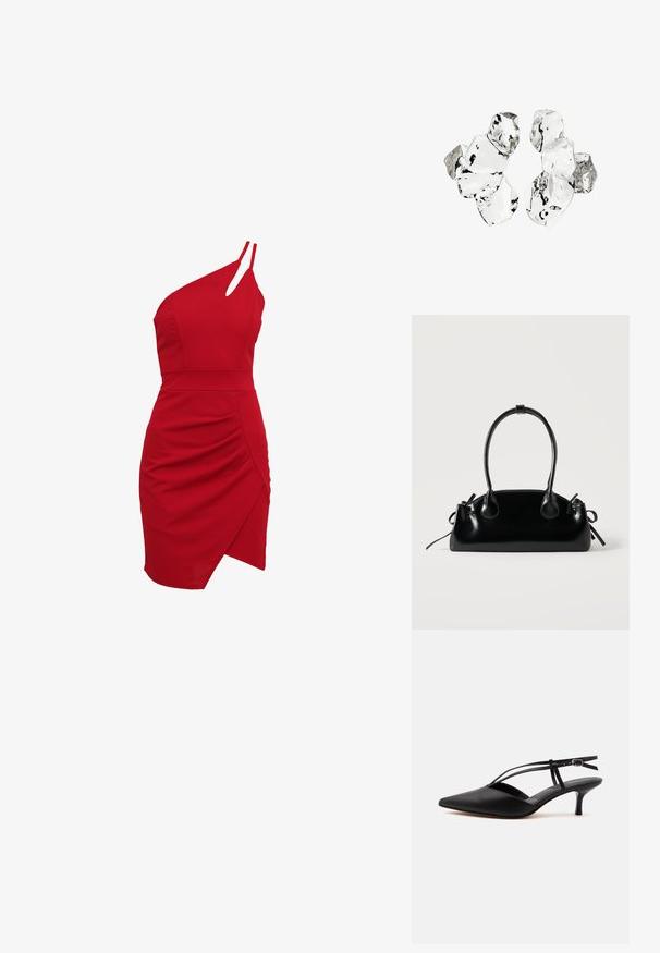 Rode een-schouder jurk van rekbare stof, met een aansluitende buste, geplooide details en een asymmetrische zoom.; Zwarte leren pumps met spits toelopende neus, kittenheel met dunne enkelriem en gesp, slingback ontwerp, op een effen lichte achtergrond.; Kleine zwarte glanzende handtas met twee lange hengsels en zijkant trekkoord details op een effen lichte achtergrond.; Cluster van zes onregelmatig gevormde, doorschijnende en reflecterende glasachtige stukken die zijn gerangschikt op een witte achtergrond.