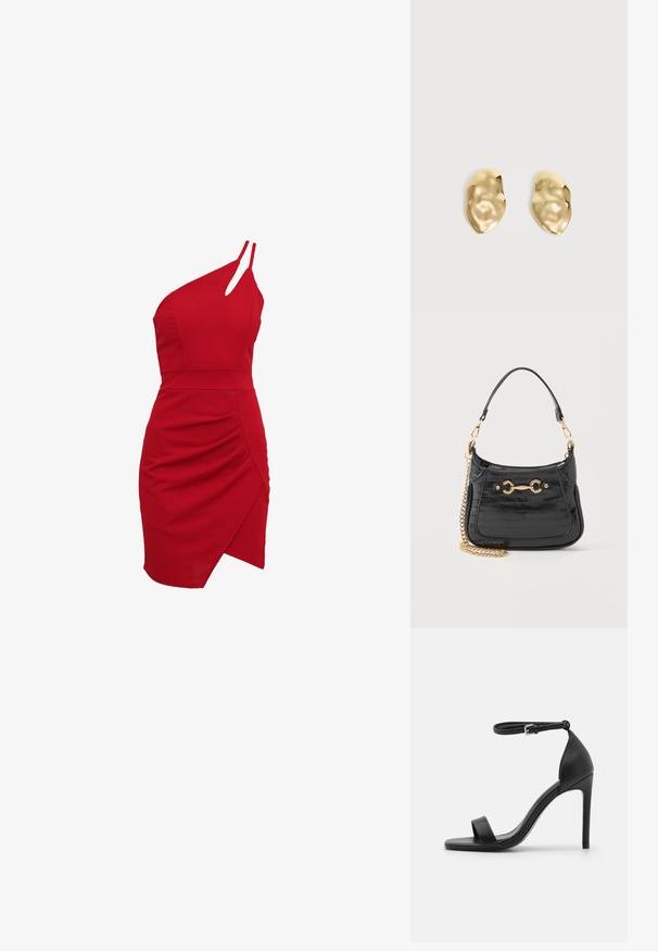 Rode een-schouder jurk van rekbare stof, met een aansluitende buste, geplooide details en een asymmetrische zoom.; Zwarte sandalen met hoge hakken, met een slank ontwerp, voorzien van een enkelbandje, open teen en een gladde leren textuur.; Zwarte handtas van lakleer met gouden horsebit-detail, korte leren band en afneembare gouden ketting op een witte achtergrond.; Een paar glanzende, onregelmatig gevormde gouden metalen oorbellen met een gekreukeld, glad oppervlak op een effen lichte achtergrond.