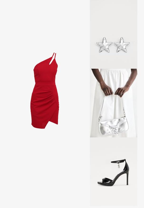 Rode een-schouder jurk van rekbare stof, met een aansluitende buste, geplooide details en een asymmetrische zoom.; Zwarte lakleren hoge hakken sandalen met een open teen, enkelbandje en een zilveren charmeaccent. Beschikt over een slank, modern ontwerp.; Zilveren metalen handtas met vetersluiting, met een strak ontwerp en een korte schouderriem. De tas wordt vastgehouden in de handen, waardoor de textuur goed tot zijn recht komt.; Zilveren stervormige oorbellen met een gepolijste, glanzende afwerking. Elke oorbel heeft vijf punten en subtiele textuurdetails op het oppervlak.