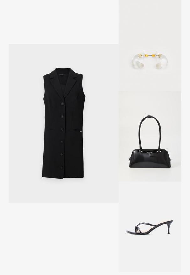 Sort sansærmet blazer kjole med skræddersyet design, blazerkrave, seks frontknapper og sidelommer. Glat stof med minimale detaljer.; Sort laklædersandal med hæl, tynde krydsede remme og en slank mellemhøj stilethæl på en hvid baggrund.; Sort glanshandtaske med en buet silhuet, to håndtag og en frontlogo-plakette. Lynlås lukning og skinnende hardware-detaljer.; Klare akryl hoops øreringe med guld accenter, der har et buet design og en transparent lås. Glat tekstur, minimalistisk stil.