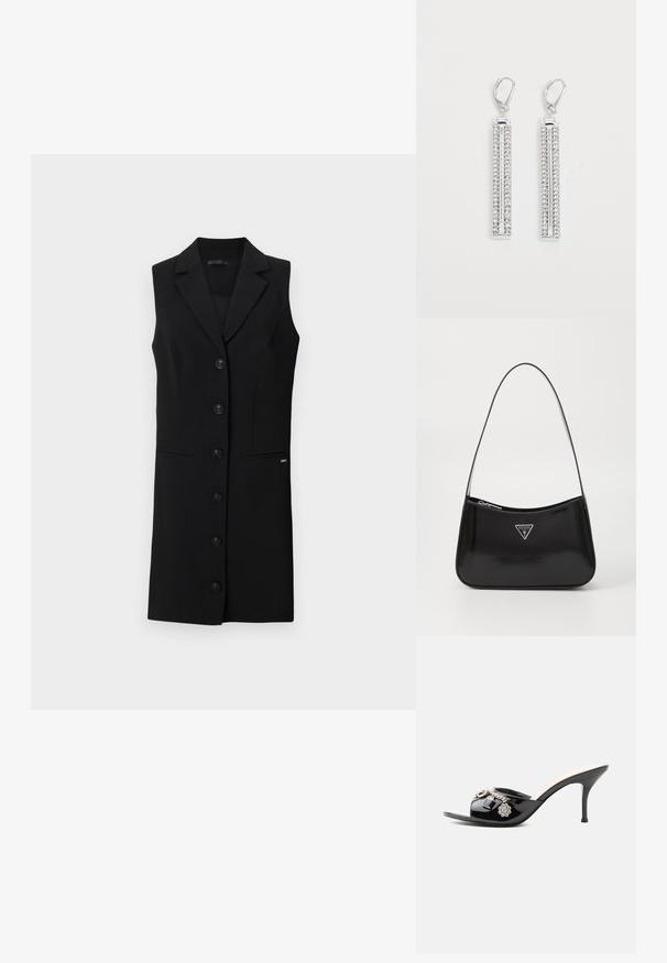 Schwarzes ärmelloses Blazerkleid mit einem maßgeschneiderten Design, mit Reverskragen, sechs vorderen Knöpfen und seitlichen Taschen. Glattes Material mit minimalen Akzenten.; Schwarzer Lackleder High-Heel Mule mit offenem Zehenbereich und dekorativen silbernen Anhängern, darunter eine Blume und ein Vorhängeschloss am vorderen Riemen.; Schwarze patentierte Leder-Schultertasche mit geschwungener Form, ausgestattet mit einem silbernen Dreieckslogo und einem Reißverschluss. Glatte Textur und schmaler Riemen.; Silberne Ohrringe mit zwei länglichen Stäben, die jeweils mit kleinen, klaren Strasssteinen in einem linearen Muster besetzt sind. Mit Klappverschluss.