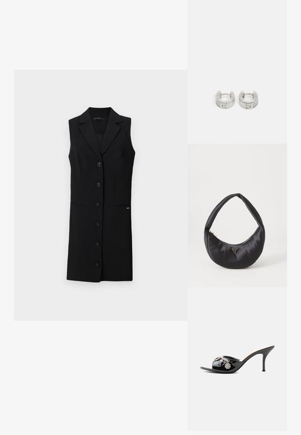 Schwarzes ärmelloses Blazerkleid mit einem maßgeschneiderten Design, mit Reverskragen, sechs vorderen Knöpfen und seitlichen Taschen. Glattes Material mit minimalen Akzenten.; Schwarzer Lackleder High-Heel Mule mit offenem Zehenbereich und dekorativen silbernen Anhängern, darunter eine Blume und ein Vorhängeschloss am vorderen Riemen.; Schwarze Satin-Handtasche mit geschwungener Form, ausgestattet mit einem Reißverschluss und einem dreieckigen Metallsymbol auf der Vorderseite. Glatte Textur und elegantes Design.; Guess STYLISH - Ohrringe - silver-coloured