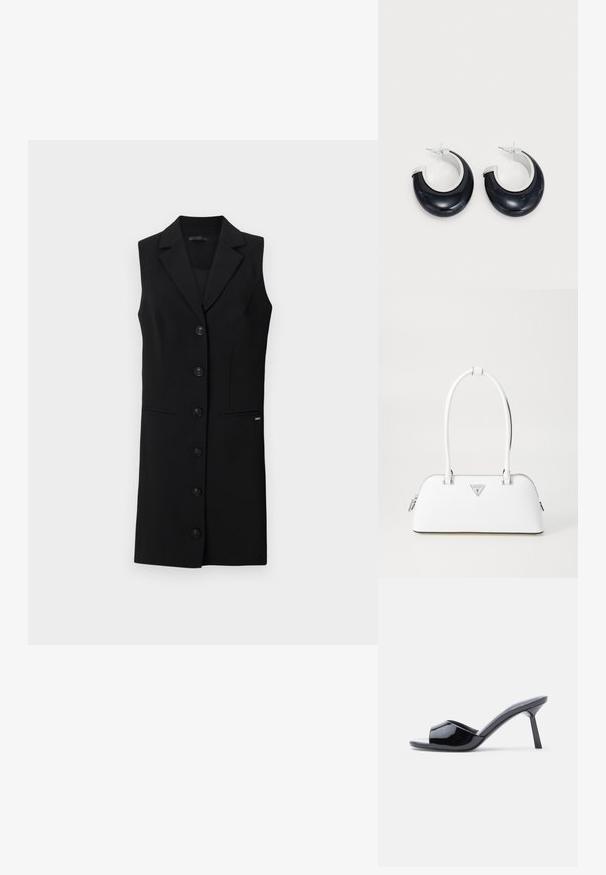 Zwart mouwloos blazerjurk met een op maat gemaakte uitstraling, notch-revers, zes knopen aan de voorkant en zijzakken. Glad materiaal met minimale accenten.; Zwarte lakleren open-teen sandalen met hak, met een gebogen bovenkant ontwerp en een taps toelopende naaldhak. Gladde glanzende afwerking.; Witte leren handtas met een gebogen vorm, voorzien van een zilveren driehoekig logo en ritssluiting. Gladde textuur en dubbele handvaten.; Zwarte hars oorbellen in de vorm van een ring met een glanzende afwerking en accenten van zilverkleurig metaal. Cirkelvormig met een uitsparing en een sluiting met post.