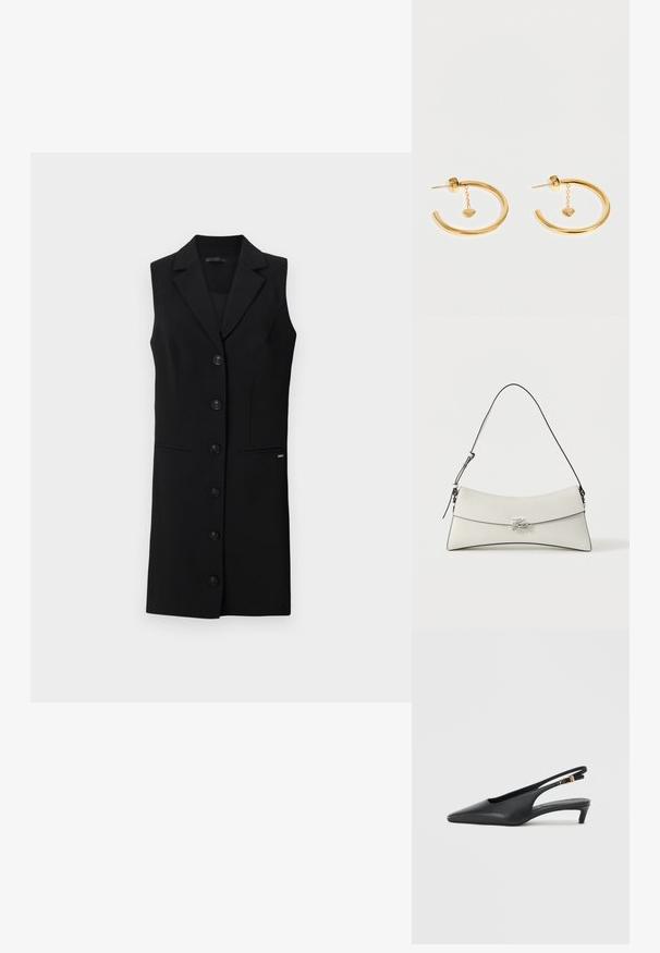 Sort sansærmet blazer kjole med skræddersyet design, blazerkrave, seks frontknapper og sidelommer. Glat stof med minimale detaljer.; Sorte slingback-pumps med spids tå, glat lædertekstur, en lav kitten heel og et bånd med en metalspænde.; Hvid skuldertaske i læder med buet klap, sort kant, justerbar rem og sølv dekorativ spænde på ensfarvet baggrund.; Par guld øreringe med små hængende hjertevedhæng på korte kæder, vist mod en lys baggrund.