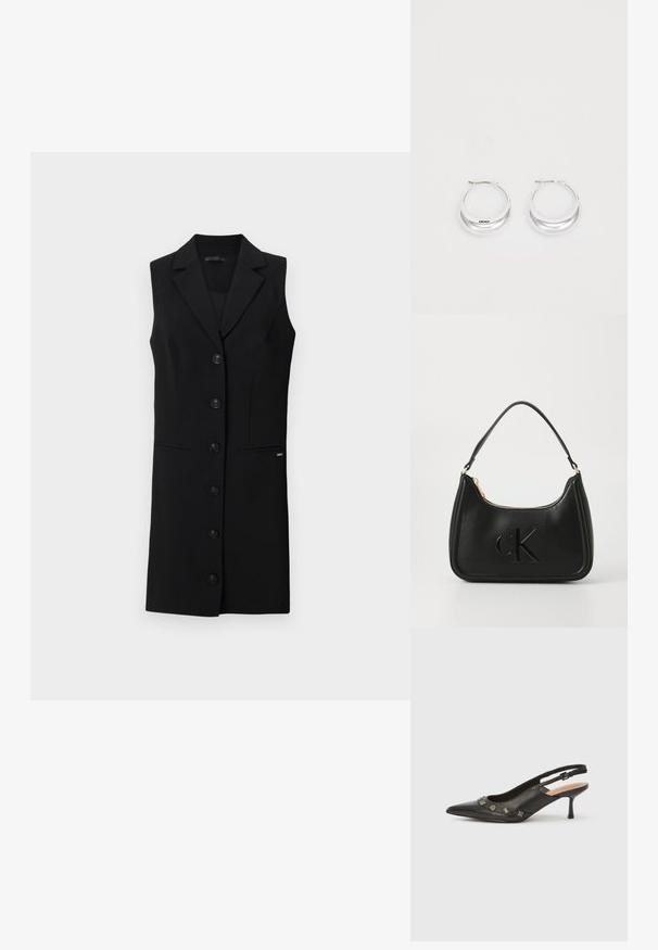 Zwart mouwloos blazerjurk met een op maat gemaakte uitstraling, notch-revers, zes knopen aan de voorkant en zijzakken. Glad materiaal met minimale accenten.; Zwarte leren slingback pump met puntige neus, lage hak en decoratieve metalen accenten langs de vooropening. Gladde textuur.; Zwarte leren handtas met een gebogen vorm, voorzien van een gouden rits en een subtiel geperst "cK" logo. Gladde textuur en een enkele handvat.; Zilveren creolen met een gepolijste afwerking en DKNY-branding, weergegeven tegen een effen witte achtergrond.