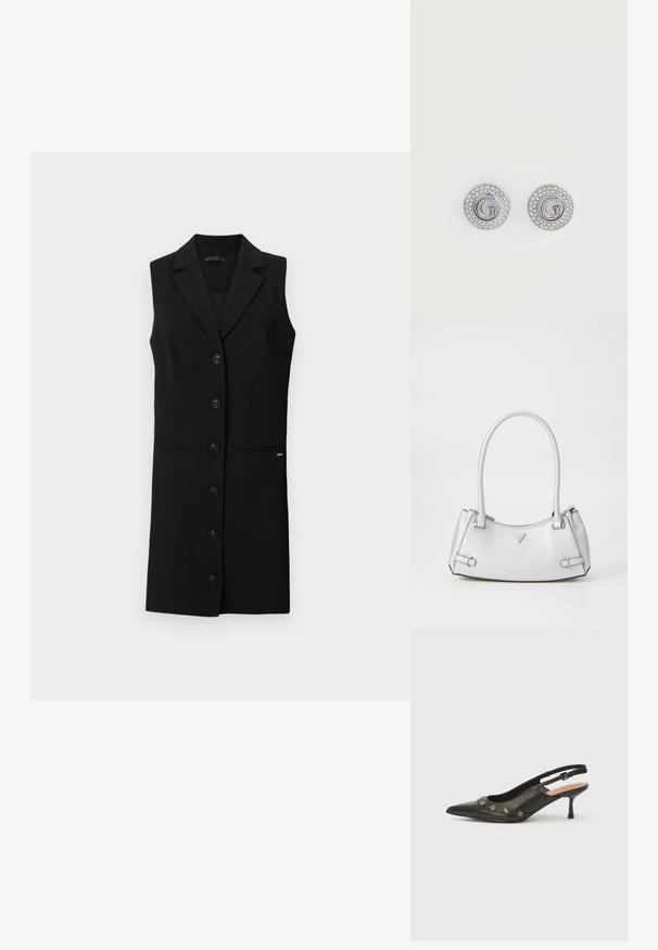 Schwarzes ärmelloses Blazerkleid mit einem maßgeschneiderten Design, mit Reverskragen, sechs vorderen Knöpfen und seitlichen Taschen. Glattes Material mit minimalen Akzenten.; Schwarzer Leder-Pumps mit Slingback, spitzer Spitze, kleinem Absatz und dekorativen metallischen Akzenten entlang der vorderen Öffnung. Glatte Textur.; Silberne Handtasche mit einem strukturierten Design, ausgestattet mit zwei Griffen, glänzender Oberfläche, Akzentbeschlägen und einem dreieckigen Logo auf der Vorderseite.; Runde silberne Steckerohrringe mit dem Buchstaben G in der Mitte, umgeben von zwei Reihen kleiner klarer Kristalle.