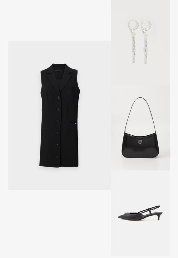 Schwarzes ärmelloses Blazerkleid mit einem maßgeschneiderten Design, mit Reverskragen, sechs vorderen Knöpfen und seitlichen Taschen. Glattes Material mit minimalen Akzenten.; Schwarze Slingback-Schuhe mit einer spitzen Zehe, aus glattem Material gefertigt, mit einem kleinen Absatz und einem dekorativen silbernen Akzent auf dem Blatt.; Schwarze patentierte Leder-Schultertasche mit geschwungener Form, ausgestattet mit einem silbernen Dreieckslogo und einem Reißverschluss. Glatte Textur und schmaler Riemen.; Silberne hängende Ohrringe mit rechteckigen und runden klaren Kristallen in einer vertikalen Linie, gesichert durch Leverback-Verschlüsse.
