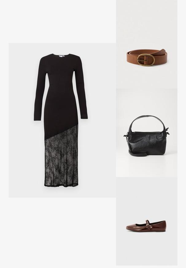 Schwarz langärmliges Kleid mit einem enganliegenden Oberteil und einem halbtransparenten Spitzenpanel am unteren Ende, das eine schlanke, moderne Silhouette schafft.; Braune Lackleder-Ballerinas mit quadratischer Zehenform und Riemen mit einer kleinen goldenen Schnalle. Glatte Textur, niedriger Absatz und minimalistisches Design.; Schwarze Lederhandtasche mit strukturiertem Design, rundem Haltegriff und abnehmbarem Schulterriemen. Sie weist eine glatte Oberfläche und einen subtilen Glanz auf.; Brauner Ledergürtel mit einer ovalen Messingschnalle, auf einem schlichten weißen Hintergrund präsentiert.