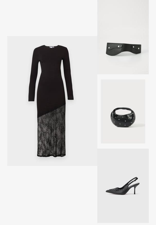 Schwarz langärmliges Kleid mit einem enganliegenden Oberteil und einem halbtransparenten Spitzenpanel am unteren Ende, das eine schlanke, moderne Silhouette schafft.; Schwarzer Leder-Slingback-Stiletto mit spitzem Zehenaufsatz, seitlichem Schnallenriemen, Nieten entlang der Kante und dekorativer Schnürung vorne.; Schwarze Lederhandtasche mit abgerundeter Form, verziert mit silbernen Nietenakzenten und kurzem Griff. Glatte Struktur und Reißverschlussverschluss.; Schwarzlederner Gürtel mit zwei runden Taschen, die mit silbernen Druckknöpfen gesichert sind. Glatte Textur, leicht geschwungenes Design.