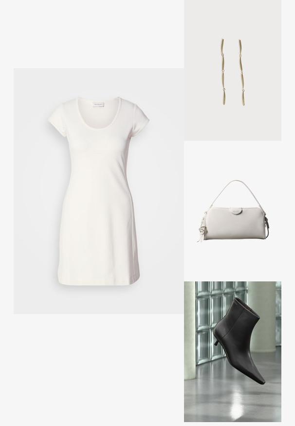 Weißes Kurzarmkleid aus einem glatten, elastischen Stoff mit rundem Ausschnitt und taillierter Silhouette, das minimale Nähdetails aufweist.; Schwarzer Leder-Knöchelstiefel mit spitzer Spitze und kleinem Absatz vor einer Wand aus Glasbausteinen und einem polierten Boden.; Weiße rechteckige Calvin Klein Handtasche mit einem einzelnen Henkel, minimalistischem Design und dekorativen Quasten mit geometrischem Metallanhänger an der Seite.; Lange goldene Ohrringe, bestehend aus vier verlängerten verbundenen gebogenen Stäben auf weißem Hintergrund.