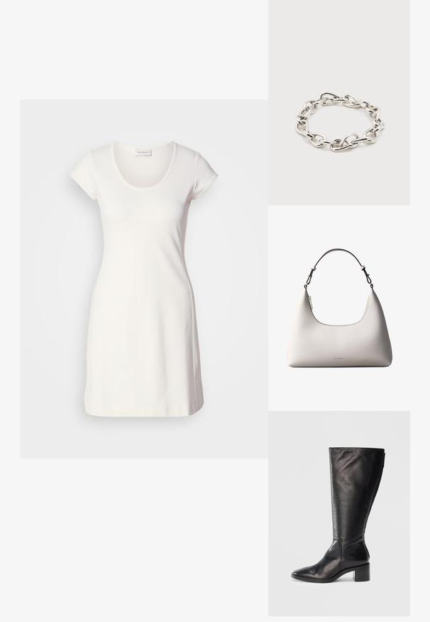 Witte jurk met korte mouwen in een gladde, rekbare stof, met een ronde halslijn en een getailleerd silhouet, met minimale stikseldetails.; Zwarte leren kniehoog laars met een vierkante neus, blokhak en slank ontwerp. Gladde textuur met een zijrits voor gemakkelijke instap.; Romige Calvin Klein leren schoudertas met gebogen bovenrand, zilveren rits en donkerbruine verstelbare riem.; Zilverkleurige chunky schakelarmband met onregelmatige ovale schakels, op een eenvoudige witte achtergrond in een cirkelvorm gerangschikt.