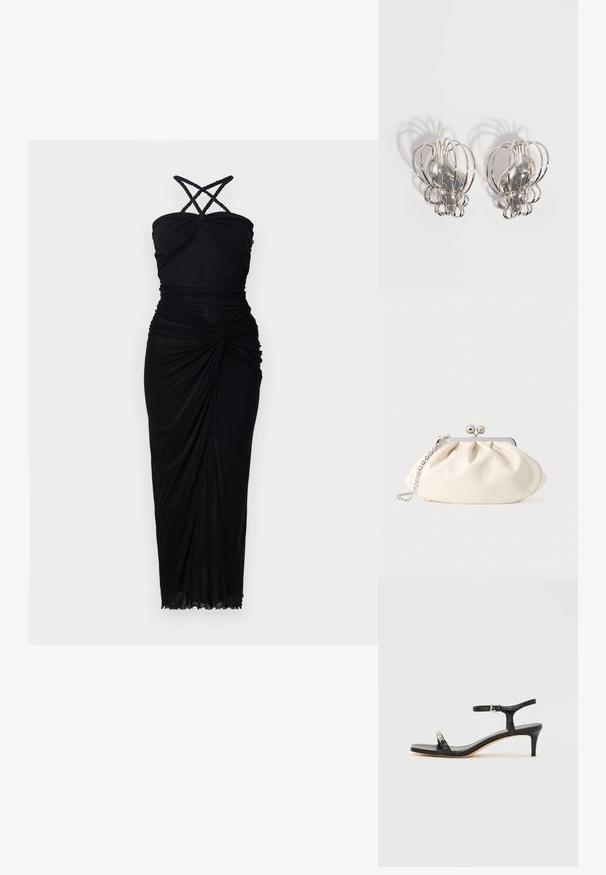 Robe noire avec un corsage ajusté, des bretelles croisées et un tissu froncé qui tombe vers un ourlet légèrement évasé avec une texture subtile.; Sandale noire en cuir à talon avec bride à la cheville, bout ouvert, devant carré et accent en métal argenté. Design ajusté avec un profil élégant.; Pochette en tissu crème avec un design froncé, cadre en métal argenté, deux boules décoratives, et une bandoulière chaîne argentée.; Paire de boucles d'oreilles en métal argenté avec un design en cage à fil ouvert et des formes ovales centrales lisses projetant des ombres courbes sur un fond blanc.