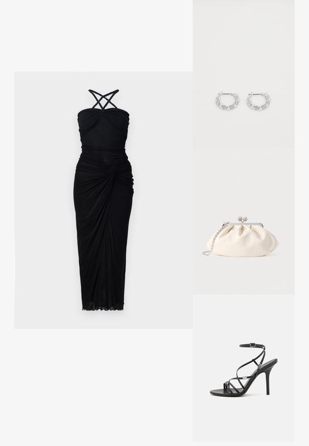Robe noire avec un corsage ajusté, des bretelles croisées et un tissu froncé qui tombe vers un ourlet légèrement évasé avec une texture subtile.; Sandale noire à talons hauts avec des brides fines, une boucle à la cheville, une surface en cuir lisse et un talon aiguille élancé.; Pochette en tissu crème avec un design froncé, cadre en métal argenté, deux boules décoratives, et une bandoulière chaîne argentée.; Boucles d'oreilles en argent en forme de créoles avec des accents de perles et de cristaux, présentant une surface texturée et une fermeture à tige sécurisée.