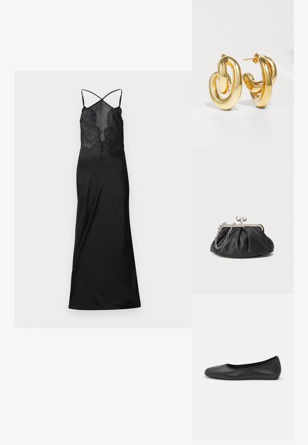 Sort satin kjole med en gennemsigtig blondeoverdel, der har krydsede stropper og en flydende silhuet, designet til et kropsnært look.; Sort læderballetsko med rund tå, glat tekstur, minimal syning og et fleksibelt såldesign.; Sort læder clutch med samlet tekstur, sølvfarvet metalramme, kys-lås lukning og kædestrop. Glat, blød overflade.; Charlotte Chesnais BO INITIAL BLOW - Øreringe - gold-coloured