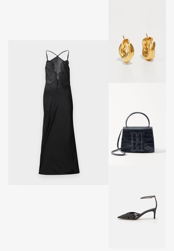 Sort satin kjole med en gennemsigtig blondeoverdel, der har krydsede stropper og en flydende silhuet, designet til et kropsnært look.; Sort læder højhælet sko med spids tå, åbne sider og en tynd ankelrem med en lille guld detalje.; Sort krokodillede læderhandbag med en struktureret design, top-håndtag, justerbar rem og et fremtrædende frontlogo.; Chunky guld hoop øreringe med et let snoet, rørformet design og postsystem bagpå, på en hvid baggrund.