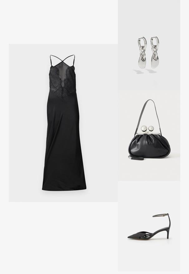 Sort satin kjole med en gennemsigtig blondeoverdel, der har krydsede stropper og en flydende silhuet, designet til et kropsnært look.; Sort læder højhælet sko med spids tå, åbne sider og en tynd ankelrem med en lille guld detalje.; Sort læderhåndtaske med opsamlet design, en enkelt rem, sølv metalramme og to store runde sølv lukninger.; Sølvøreringe med forlængede ovale led, der har en poleret overflade og en struktureret dråpevedhæng. Enkel design med glatte kanter.
