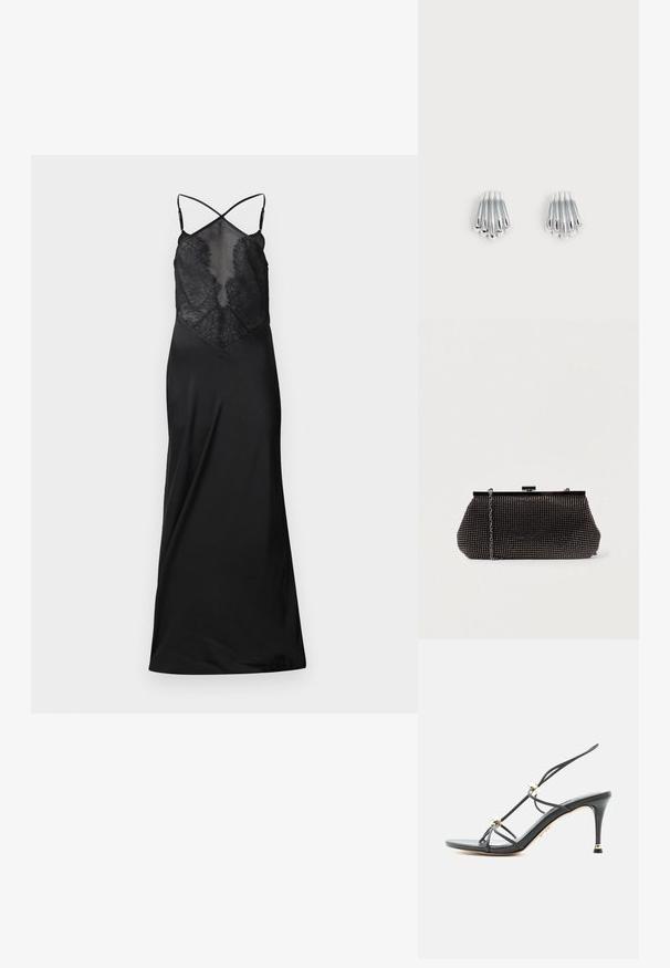Schwarzes Satin-Kleid mit durchsichtigem Spitzenoberteil, das überkreuzte Träger und eine fließende Silhouette aufweist, entworfen für eine figurbetonte Passform.; Schwarze, hochhackige Sandale mit dünnen Riemen und goldfarbenen Perlenakzenten an einem spitzen Stilettoabsatz.; Schwarze Mesh-Clutch mit strukturierter Silhouette, verziert mit kleinen metallic-nieten, besitzt einen Verschluss mit Klappe und einen abnehmbaren Kettenriemen.; Paar glänzende silberne Ohrringe mit geschichtetem, gebogenem Stabdesign, dargestellt auf schlichtem hellem Hintergrund.