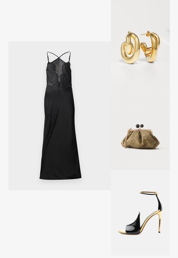 Sort satin kjole med en gennemsigtig blondeoverdel, der har krydsede stropper og en flydende silhuet, designet til et kropsnært look.; Sort laklæder høje hælsandal med gyldent stiletthæl, gyldent ankremed spænde og åben tå-design.; Lille clutch taske med gyldent og sort geometrisk mønster, guldfarvet metalramme, sort kuglelås og en kort guldkæde som rem.; Charlotte Chesnais BO INITIAL BLOW - Øreringe - gold-coloured