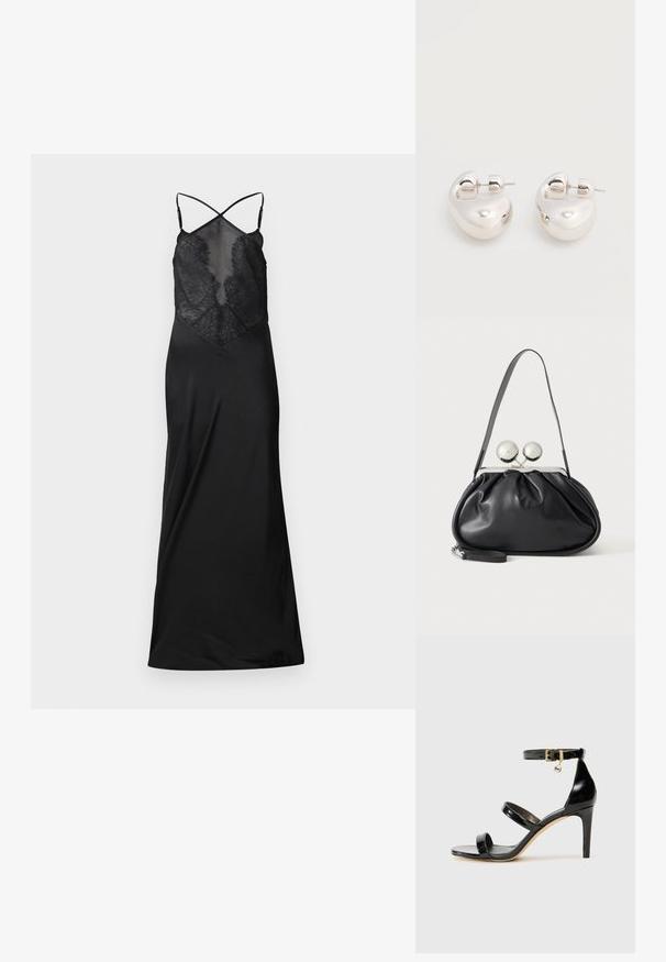 Sort satin kjole med en gennemsigtig blondeoverdel, der har krydsede stropper og en flydende silhuet, designet til et kropsnært look.; Sorte patenterede lædersandaler med tre stropper, ankelspænde og 10 cm stiletthæl. Har detaljer i guld og et logo charms.; Sort læderhåndtaske med opsamlet design, en enkelt rem, sølv metalramme og to store runde sølv lukninger.; Par af skinnende sølv store øreringe med lukning på bagsiden mod en ensfarvet hvid baggrund.