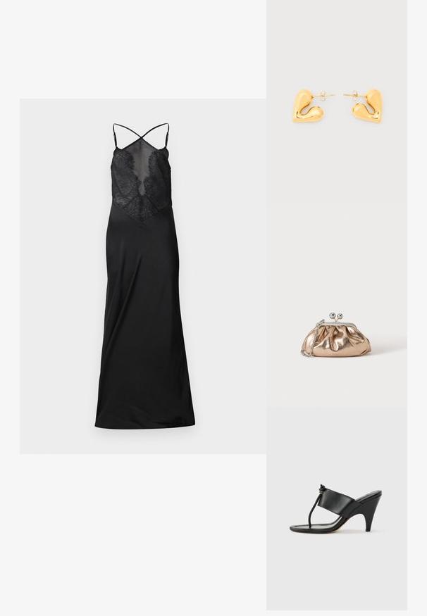 Sort satin kjole med en gennemsigtig blondeoverdel, der har krydsede stropper og en flydende silhuet, designet til et kropsnært look.; Sort højhælet sandal med bred frontrem og en tåsløjfe med en knyttet snordetalje, vist i profil på hvid baggrund.; Lille gylden metalisk clutch taske med sølvspænde og kæderem på ensartet lyst baggrund.; Hjerteformede ørestikker i guldfarve med et glat, buet design og sommerfugle-lukninger på en hvid baggrund.