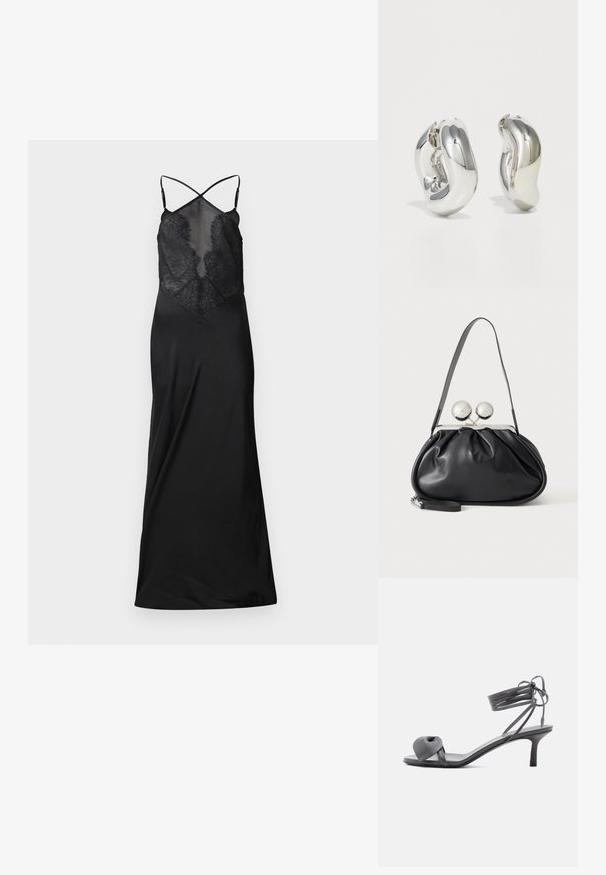 Sort satin kjole med en gennemsigtig blondeoverdel, der har krydsede stropper og en flydende silhuet, designet til et kropsnært look.; Grå læder sandal med hæl, knyttet rem ved tæerne og snørebånd, der vikles om anklen, på slank mellemhøj hæl mod hvid baggrund.; Sort læderhåndtaske med opsamlet design, en enkelt rem, sølv metalramme og to store runde sølv lukninger.; Sølvskulpturelle øreringe med glatte, buede former og reflekterende overflader. Har et lukket hoop-design og en markant organisk form.
