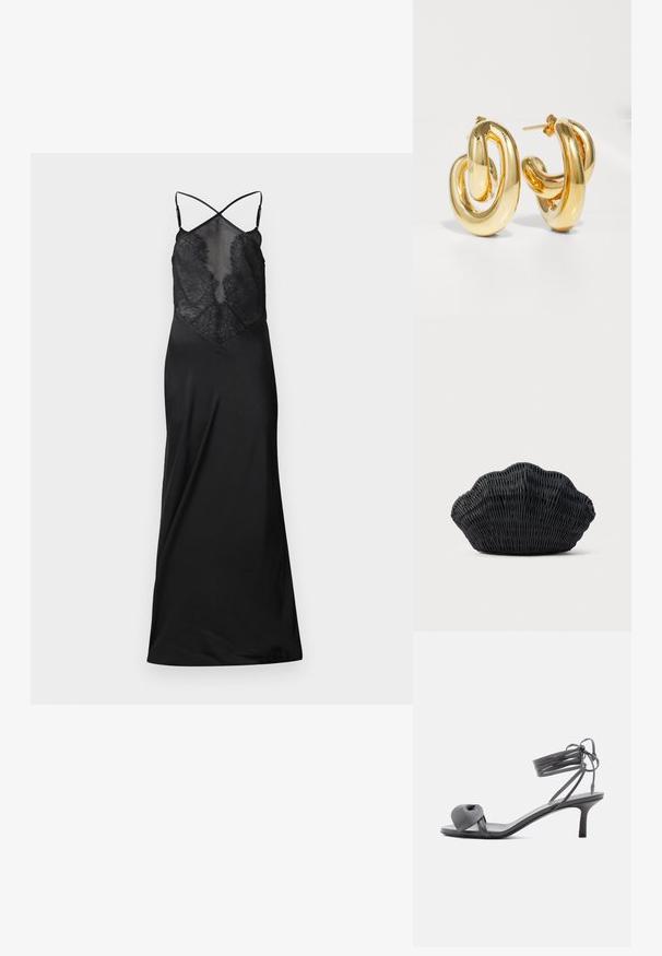 Sort satin kjole med en gennemsigtig blondeoverdel, der har krydsede stropper og en flydende silhuet, designet til et kropsnært look.; Grå læder sandal med hæl, knyttet rem ved tæerne og snørebånd, der vikles om anklen, på slank mellemhøj hæl mod hvid baggrund.; Sort flet håndtaske formet som en muslingeskal med en buet top og flettet tekstur på en ensfarvet baggrund.; Charlotte Chesnais BO INITIAL BLOW - Øreringe - gold-coloured