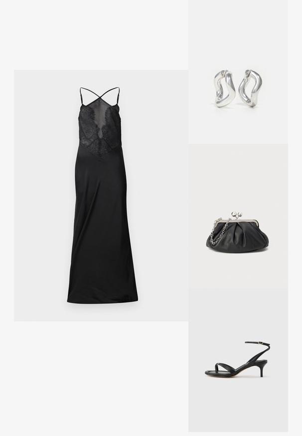 Schwarzes Satin-Kleid mit durchsichtigem Spitzenoberteil, das überkreuzte Träger und eine fließende Silhouette aufweist, entworfen für eine figurbetonte Passform.; Schwarze Ledersandale für Damen mit dünnen Riemchen, einer Zehenlasche, einer Knöchelschnalle und einem mittelhohen Stöckelabsatz vor neutralem Hintergrund.; Schwarze Leder-Clutch mit geraffter Textur, silberfarbener Metallrahmen, Druckverschluss und Kettenriemen. Glatte, weiche Oberfläche.; Silberne Creolen mit gedrehtem Design. Abgerundete Kanten und glänzende Oberfläche. Offen schließende Verschlüsse für einfaches An- und Ausziehen. Glatte Textur durchgehend.
