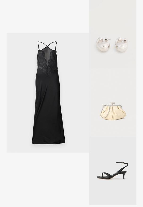 Schwarzes Satin-Kleid mit durchsichtigem Spitzenoberteil, das überkreuzte Träger und eine fließende Silhouette aufweist, entworfen für eine figurbetonte Passform.; Schwarze Ledersandale für Damen mit dünnen Riemchen, einer Zehenlasche, einer Knöchelschnalle und einem mittelhohen Stöckelabsatz vor neutralem Hintergrund.; Faltige beigefarbene Ledertasche mit einem silbernen Metallrahmen, ausgestattet mit zwei runden dekorativen Verschlüssen und einem silbernen Kettenriemen.; Paar glänzende silberne dicke Creolen mit Stecker-Verschlüssen auf weißem Hintergrund.